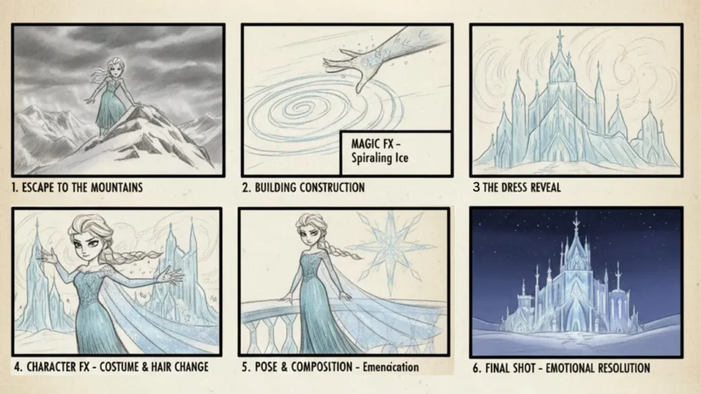 Six-panel storyboard from Disney’s Frozen showing Elsa escaping to the mountains, creating her ice palace, transforming her dress, and standing confidently on the balcony—an iconic storyboarding example demonstrating musical timing, visual effects, and emotional storytelling.
