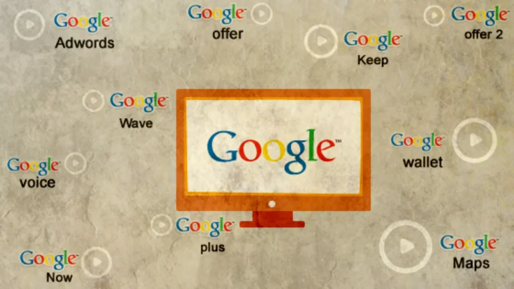 Graphic featuring various Google products like Maps, Wallet, Voice, and Plus, centered around a screen displaying the Google logo—used to illustrate storyboarded explainer videos powered by AI ad storyboarding.
