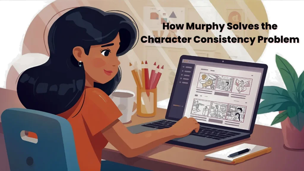 Illustration of a woman working on a laptop with consistent storyboard characters on screen, showcasing Murphy's character lock and memory system for multi-frame AI-generated storyboarding