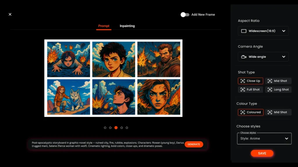 Digital storyboard interface showing graphic novel-style frames of post-apocalyptic scenes with characters and explosions, highlighting how AI tools assist filmmakers in visualizing montage sequences before production.