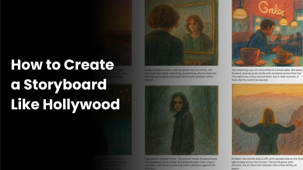 Split-screen graphic showing cinematic storyboard illustrations alongside text reading “How to Create a Storyboard Like Hollywood,” used to teach storyboarding examples, visual storytelling ideas, and Hollywood-style script breakdown techniques.