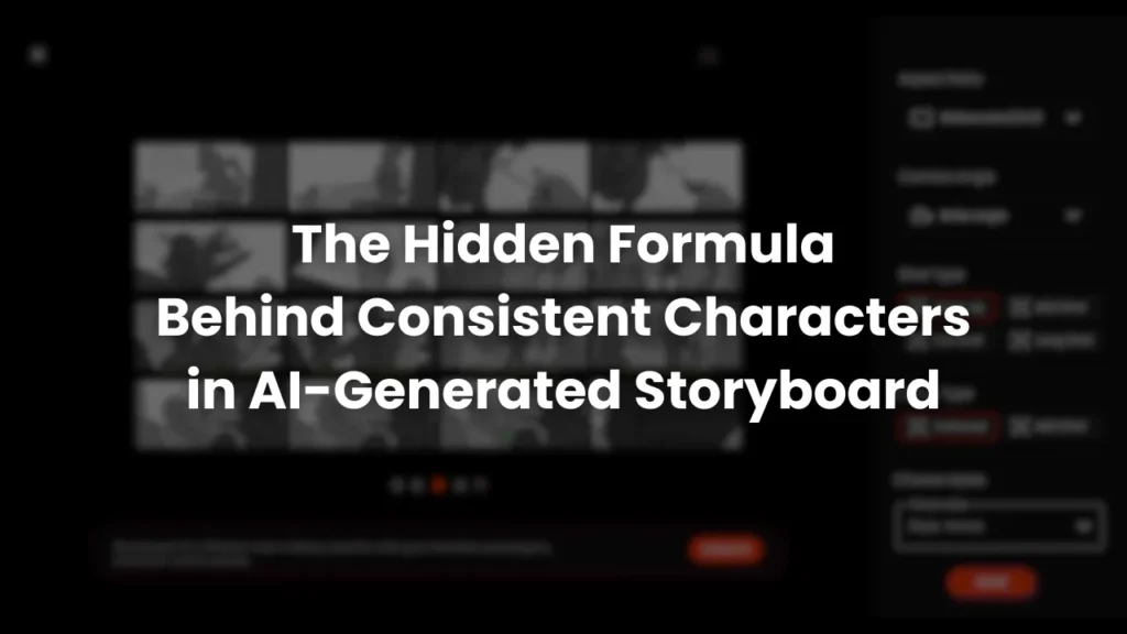 Blurry storyboard interface with text overlay explaining the hidden formula for keeping characters consistent across AI-generated storyboard frames using Murphy’s platform