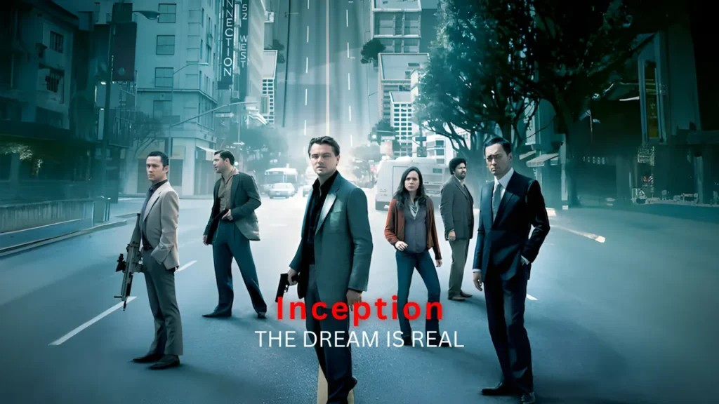 Poster from Inception (2010) with cast standing in a surreal cityscape where buildings bend upward, showcasing a blend of practical effects and computer-generated imagery to depict dream manipulation in film.