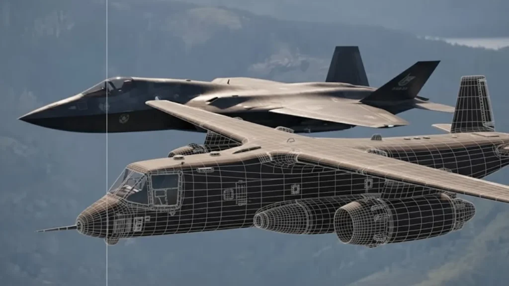 Side-by-side comparison of aircraft with wireframe CGI modeling and fully rendered jet in flight, illustrating invisible CGI used for subtle enhancements like set extensions and object replacements in film.