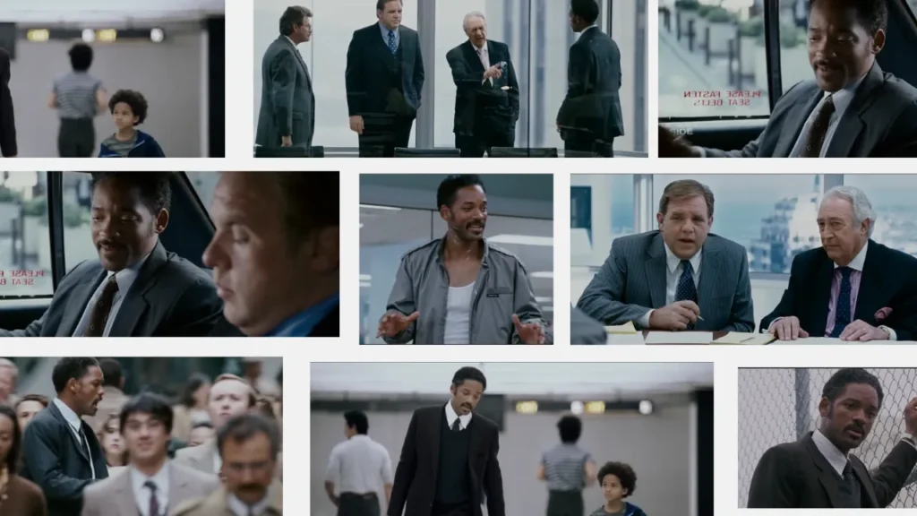Collage of scenes from The Pursuit of Happyness (2006) showing Chris Gardner’s challenges and milestones, illustrating a powerful montage sequence in film that conveys emotional growth and persistence over time.