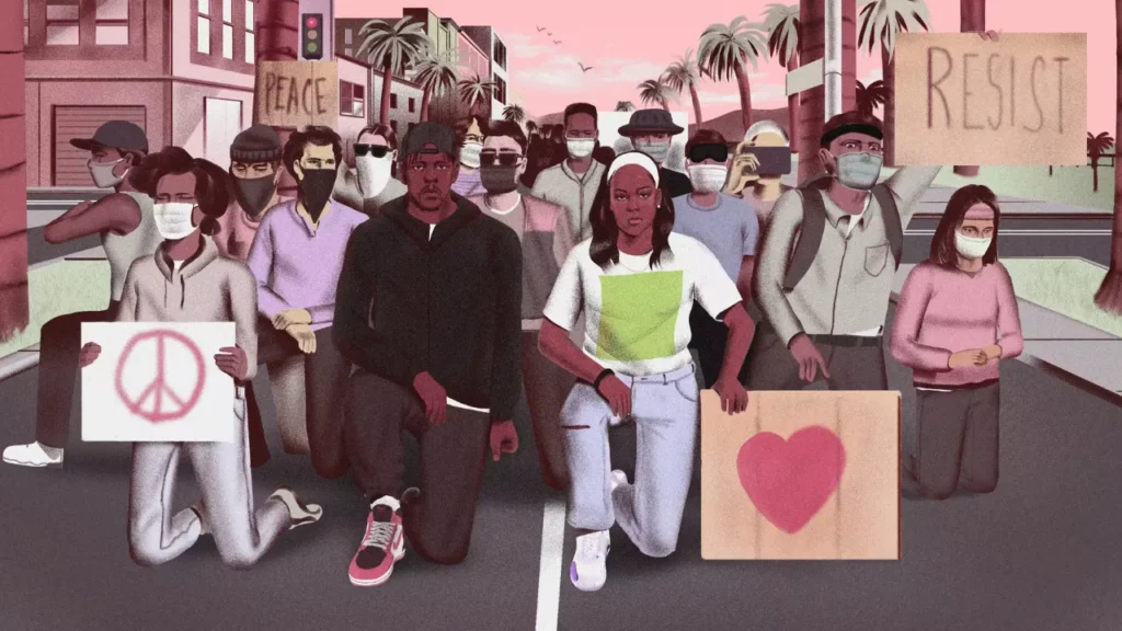 Illustration of athletes and protesters kneeling with signs reading “Peace” and “Resist,” symbolizing Nike’s use of storyboarded, emotional athlete storytelling in AI-powered ad campaigns.