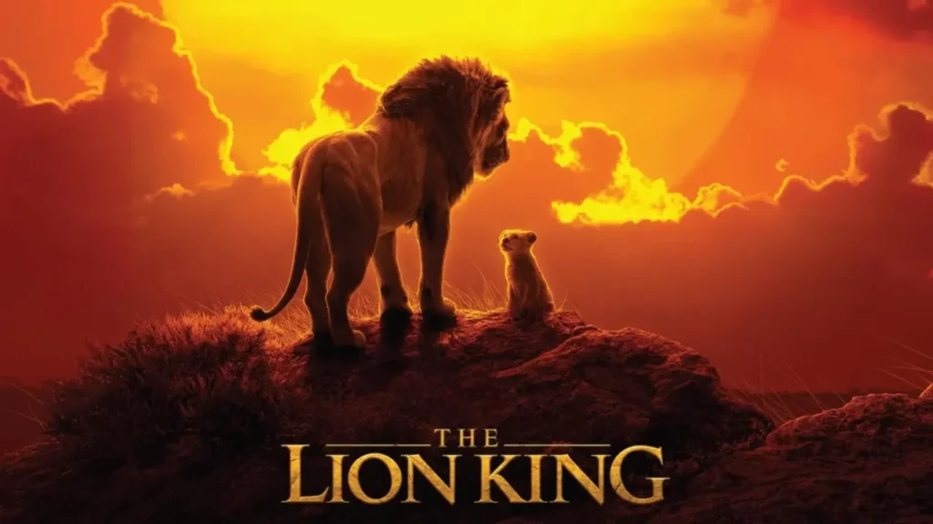 Digitally rendered lions against a vibrant sunset in The Lion King (2019), showcasing full-film computer-generated imagery used to create lifelike animals and landscapes without real-world footage.