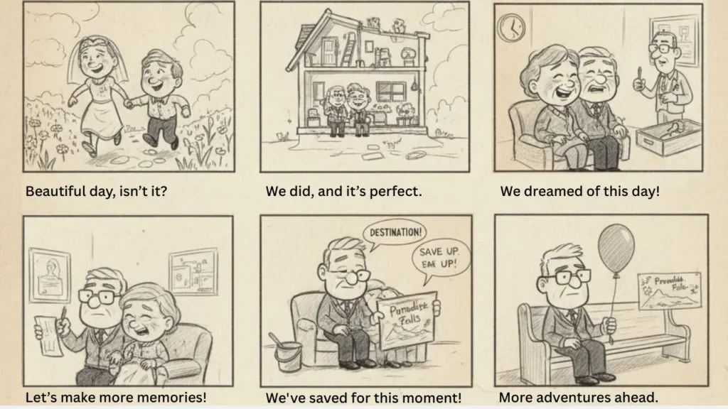 Six-panel storyboard from Pixar’s Up, showing Carl and Ellie’s life journey—from joyful moments to emotional farewell—used as a powerful storyboarding example emphasizing visual storytelling and emotional pacing without dialogue.