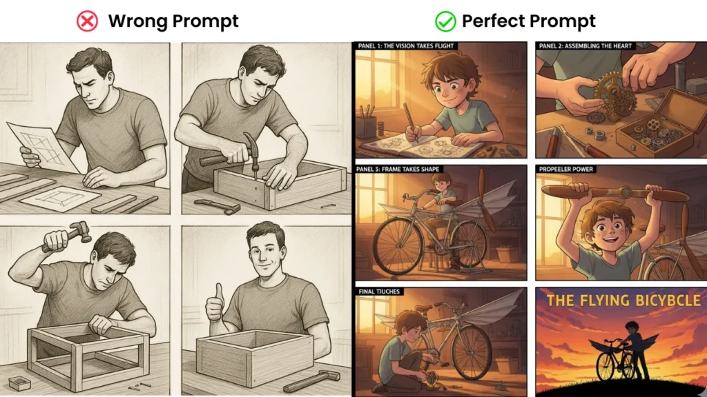Side-by-side comparison of a generic storyboard showing a man building a box and a creative storyboard of a boy constructing a flying bicycle, demonstrating the difference between vague and detailed storyboarding prompts.