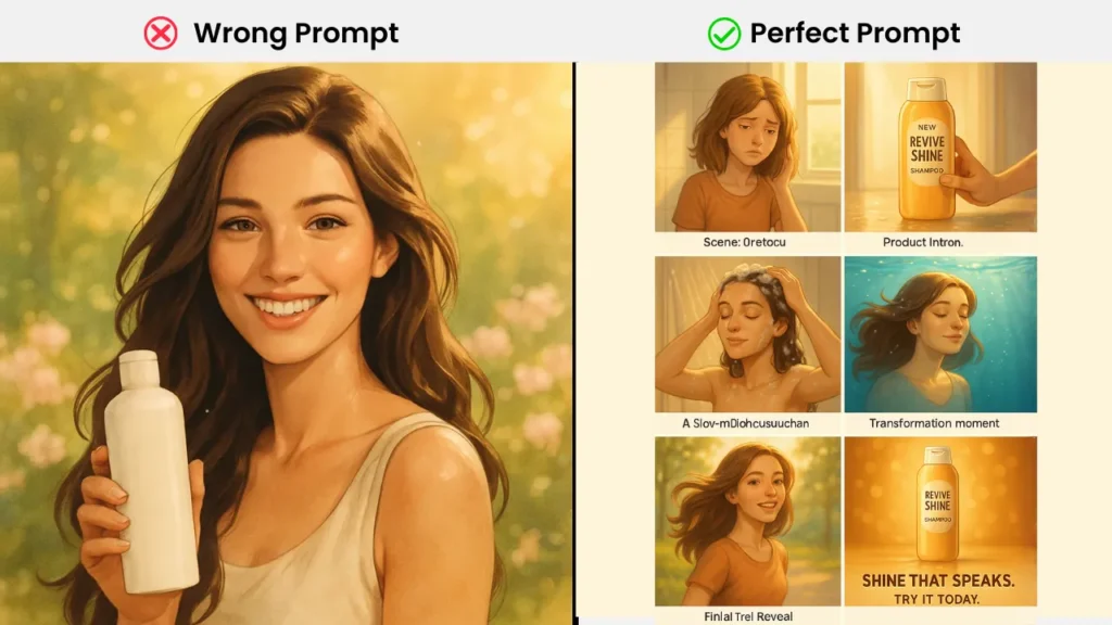 Side-by-side storyboard comparison showing a generic shampoo ad image versus a detailed 6-panel sequence illustrating emotional transformation, product use, and brand reveal — demonstrating effective prompt writing for product ads.
