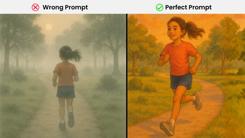 Side-by-side storyboard comparison showing a vague prompt of a girl running in a foggy park versus a vivid prompt with sunrise lighting, emotional tone, and specific camera angle, highlighting effective storyboarding techniques.