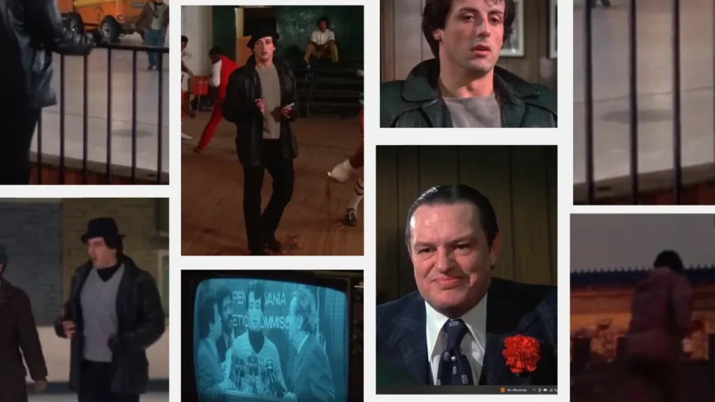 Collage of scenes from Rocky (1976) showing the iconic training montage with running, boxing, and emotional close-ups—an example of a montage sequence in film that compresses time and shows character development.