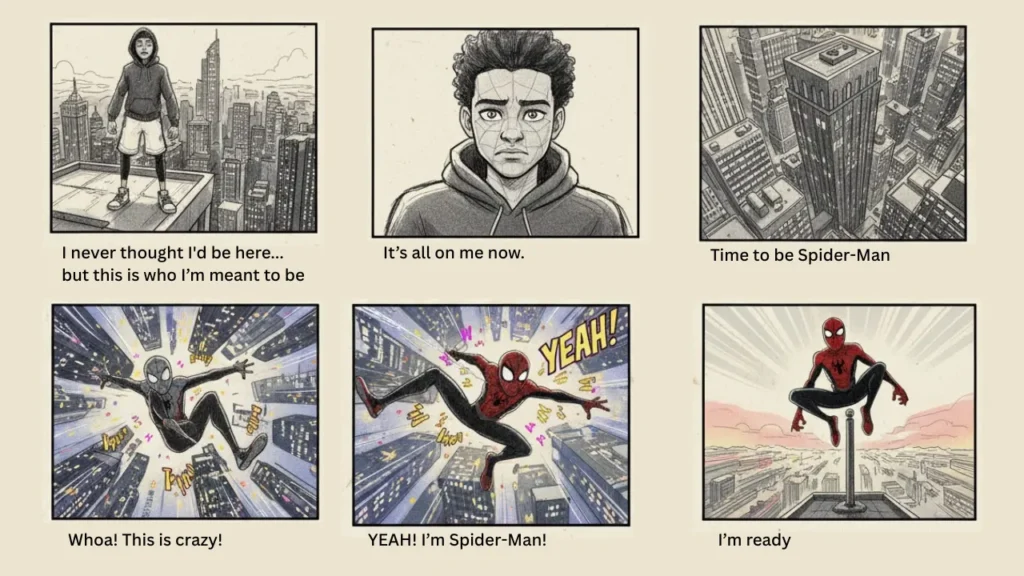 Six-panel storyboard from Spider-Man: Into the Spider-Verse showing Miles Morales preparing to leap, jumping from a rooftop, swinging through the city, and embracing his Spider-Man identity—an iconic storyboarding example blending emotion, motion, and stylized visuals.