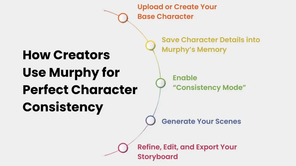 Infographic showing steps to achieve perfect character consistency with Murphy, from creating a base character and saving details to enabling consistency mode and exporting storyboard scenes
