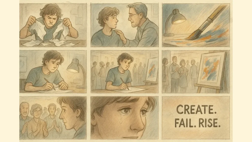 8-panel storyboard showing a young artist’s emotional journey from frustration to public success, ending with the phrase "Create. Fail. Rise."—a powerful example of motivational prompt writing for visual storytelling.