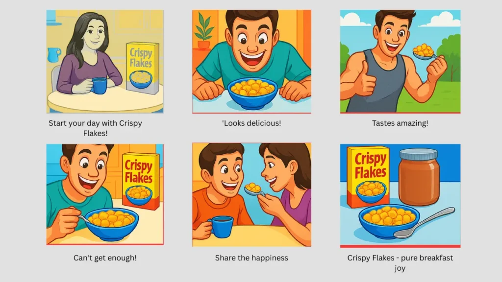 Storyboard illustration of a cereal brand ad showing sequential scenes of happy people enjoying Crispy Flakes, visually demonstrating product storyboarding principles for social media marketing.