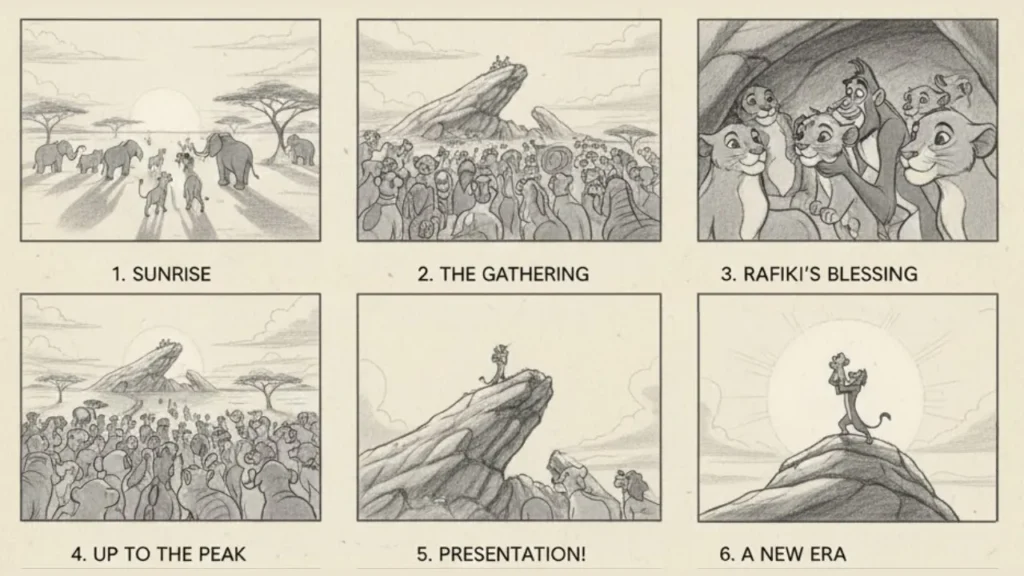 Six-panel storyboard from Disney’s The Lion King showing animals gathering at sunrise, Rafiki blessing Simba, and presenting him on Pride Rock—an iconic storyboarding example that captures emotion, scale, and storytelling rhythm.