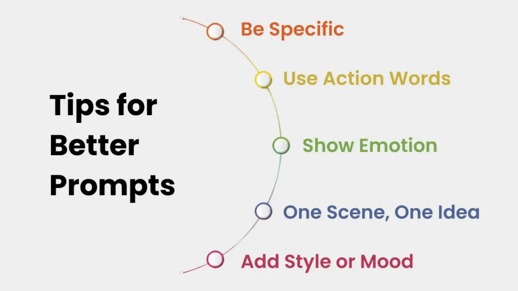 Infographic listing five essential prompt writing tips for storyboards: be specific, use action words, show emotion, keep one scene one idea, and add style or mood.
