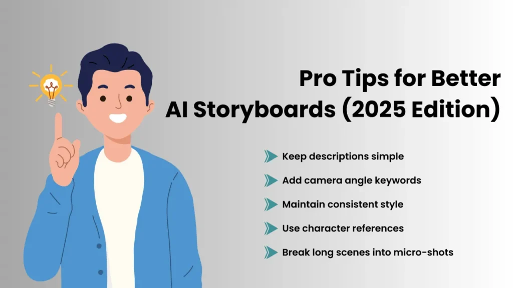 Illustration of a smiling man with a lightbulb above his finger beside a list of expert tips for better AI-generated storyboards in 2025, including simplifying descriptions, adding camera angles, maintaining style, and using consistent character references.