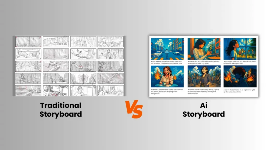 Side-by-side comparison of a hand-drawn traditional storyboard and a digitally generated AI storyboard, highlighting the visual differences in speed, style, and consistency when converting scripts to storyboards using AI tools.