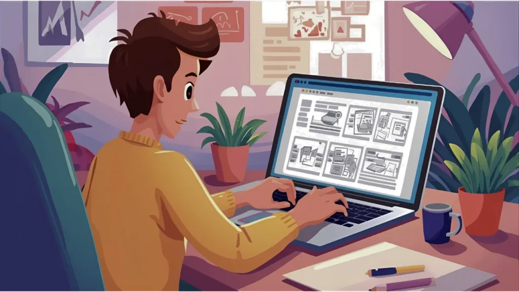 Illustration of a person working on a storyboard layout on a laptop, showing how AV script templates improve pre-production accuracy, character consistency, and shot planning for video projects