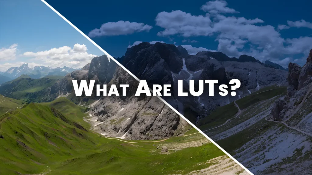 Split-screen landscape showing a before-and-after color grading comparison using LUTs — with the left side bright and natural, and the right side dark and stylized, illustrating the impact of LUTs for color grading.