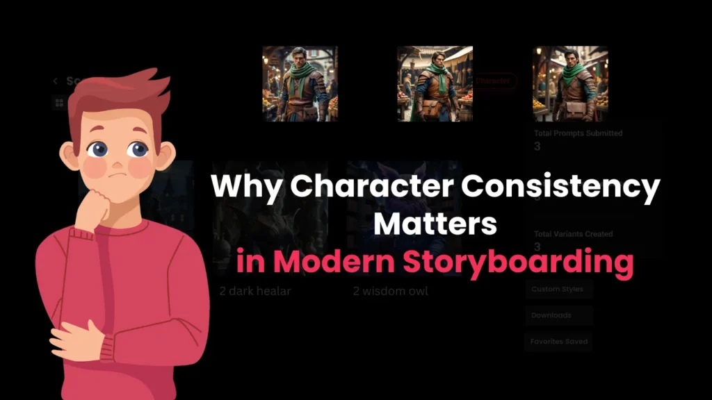 Cartoon character beside storyboard frames showing consistent AI-generated characters, emphasizing the importance of visual continuity in modern storytelling and animation