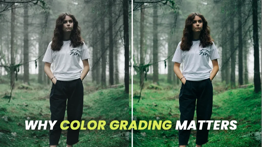 Side-by-side comparison of a woman in a forest, showing the ungraded vs. color graded version of the same footage — highlighting how colour grading LUTs can enhance contrast, mood, and visual impact.