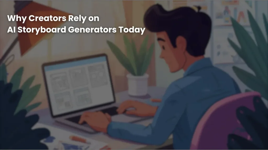 Illustration of a male creator working on a laptop with storyboard frames on screen, highlighting the efficiency of AI storyboard generators in modern content creation