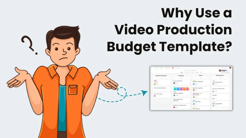 Illustration of a confused man with a project dashboard in the background, emphasizing the importance of using a video production budget template to manage costs, tasks, and schedules efficiently during video projects.