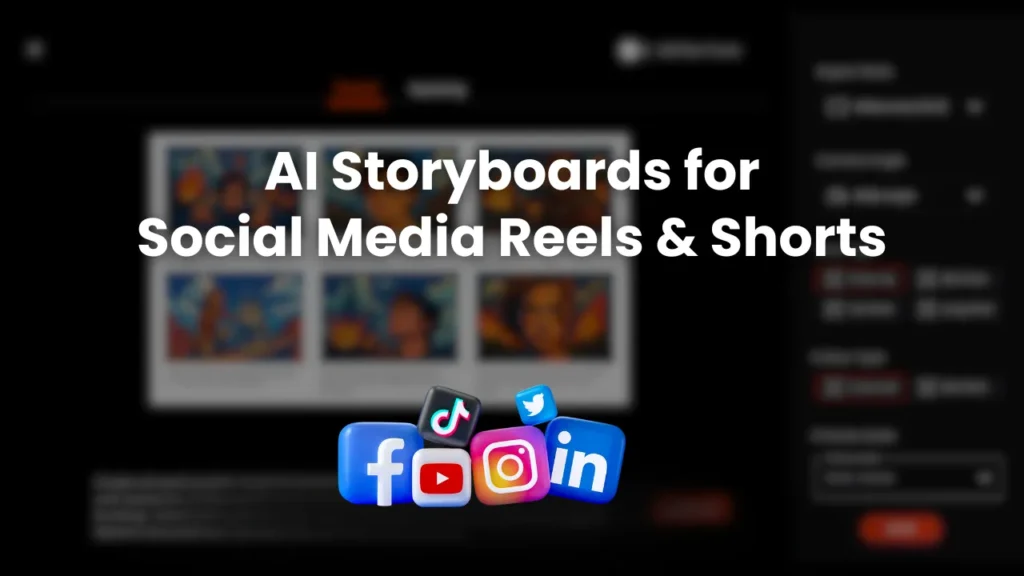 Visual of AI storyboard interface with icons for TikTok, Instagram, YouTube, Facebook, Twitter, and LinkedIn, showcasing how AI tools help creators plan engaging short-form video content for social media platforms in 2025.