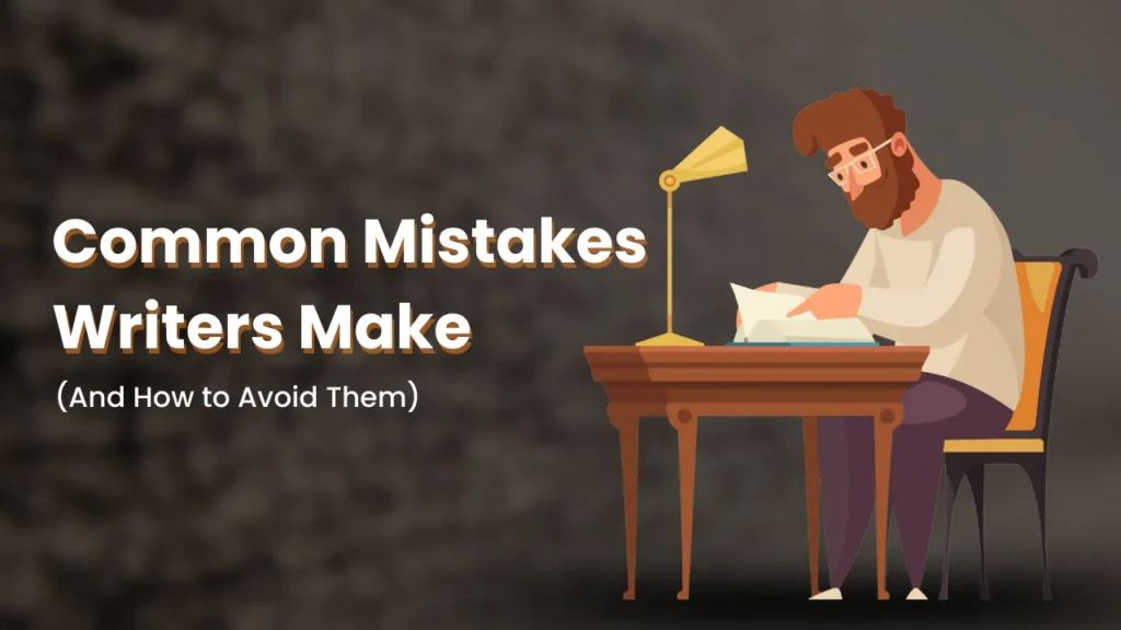 Illustration of a writer at a desk under a lamp, representing common mistakes in writing movie synopses such as including too much detail, not revealing the ending, or using screenplay-style formatting instead of a proper film summary.