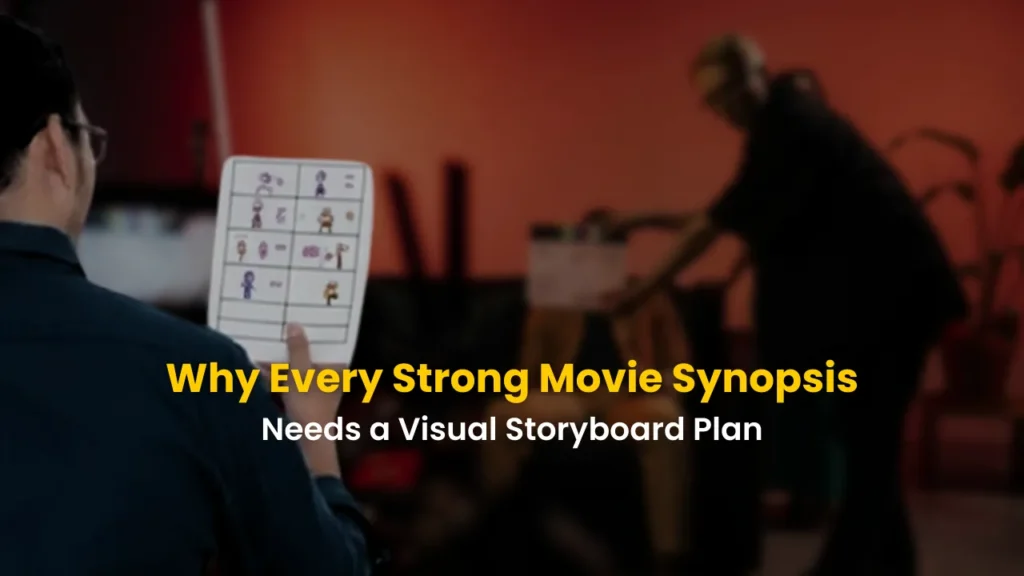 Filmmaker holding a character-based storyboard sheet while another person sets up production equipment, emphasizing how visual storyboards enhance movie synopses by aligning pacing, structure, and character flow before filming begins.