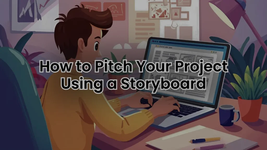 A person creating a digital storyboard on a laptop to pitch a project, with images and text appearing on the screen, illustrating how storyboards can help communicate ideas clearly in creative and business pitches.