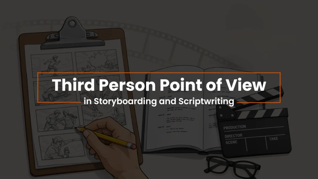 Storyboard sketch, open screenplay, and clapperboard illustrating third person point of view in scriptwriting and visual storytelling for film and TV production