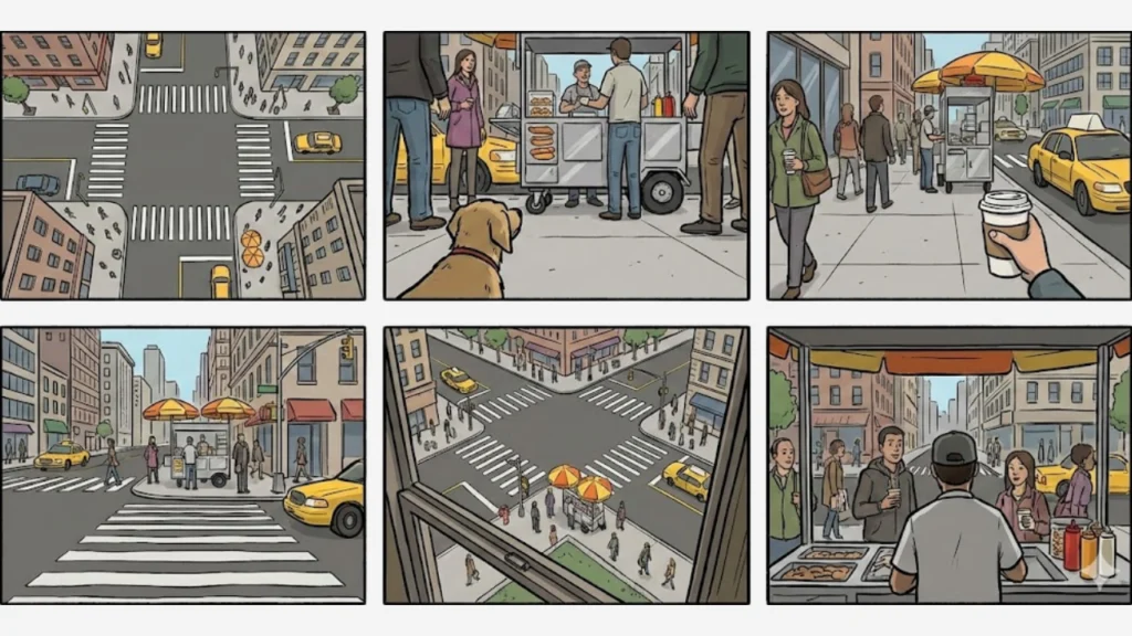 Comic-style storyboard of a busy city street scene shown from multiple camera angles and perspectives, illustrating how third person point of view supports cinematic storytelling and visual clarity in scriptwriting