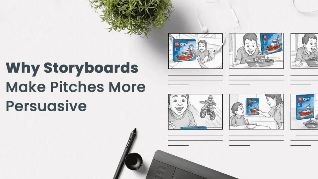 A digital storyboard showing a series of frames for a LEGO City toy advertisement, highlighting how storyboards can enhance pitch clarity, engagement, and alignment in creative presentations. also learn how to pitch your project using a storyboard with this guide