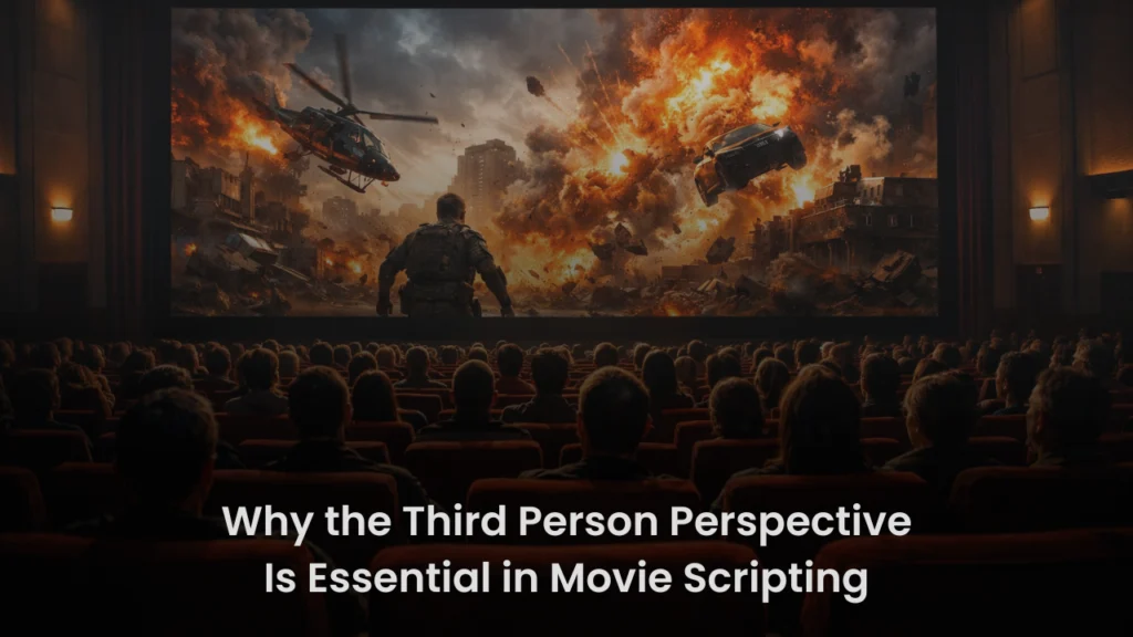Audience watching intense action scene with explosions and helicopters on cinema screen, highlighting the role of third person point of view in cinematic storytelling and scriptwriting